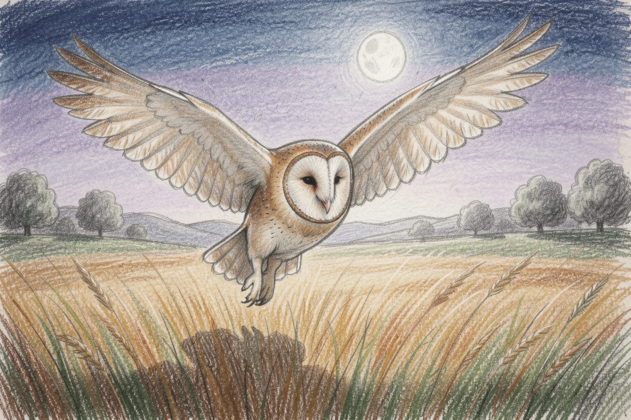 A barn owl swooping silently over a moonlit hayfield, set against a softly lit, atmospheric backdrop, evoking nostalgia and a deep sense of contentment.