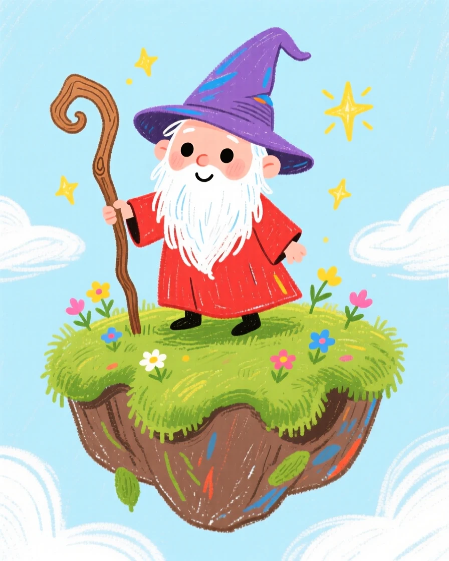 A wandering wizard perched atop a floating moss covered island.