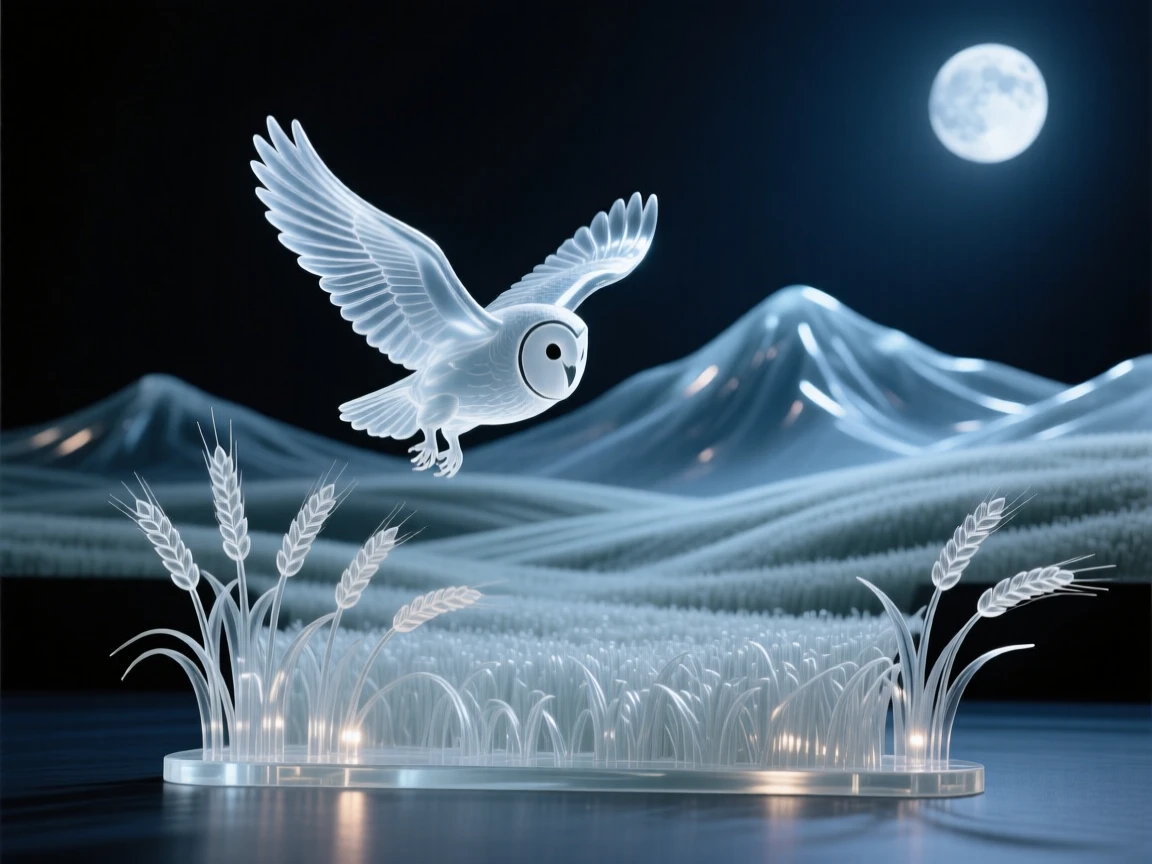 With distant mountains rising along the horizon, a barn owl gliding silently over a moonlit wheat field