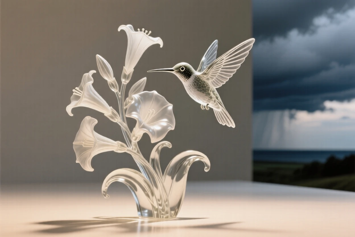 With storm clouds gathering on the far horizon, a hummingbird hovering beside a cluster of trumpet flowers