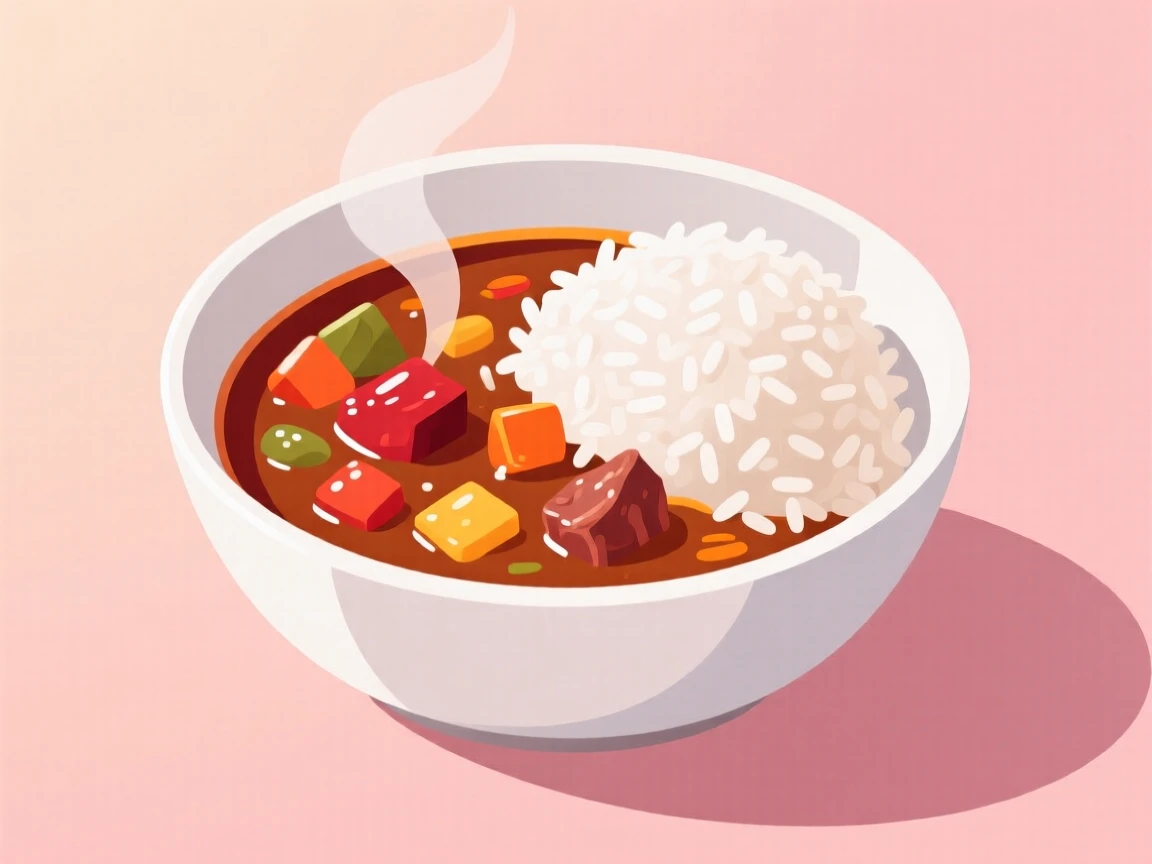 A bowl of vibrant curry served with fluffy rice, set against a soft pastel backdrop, composed with soft natural light enhancing texture, with glossy highlights that make the dish look freshly made.