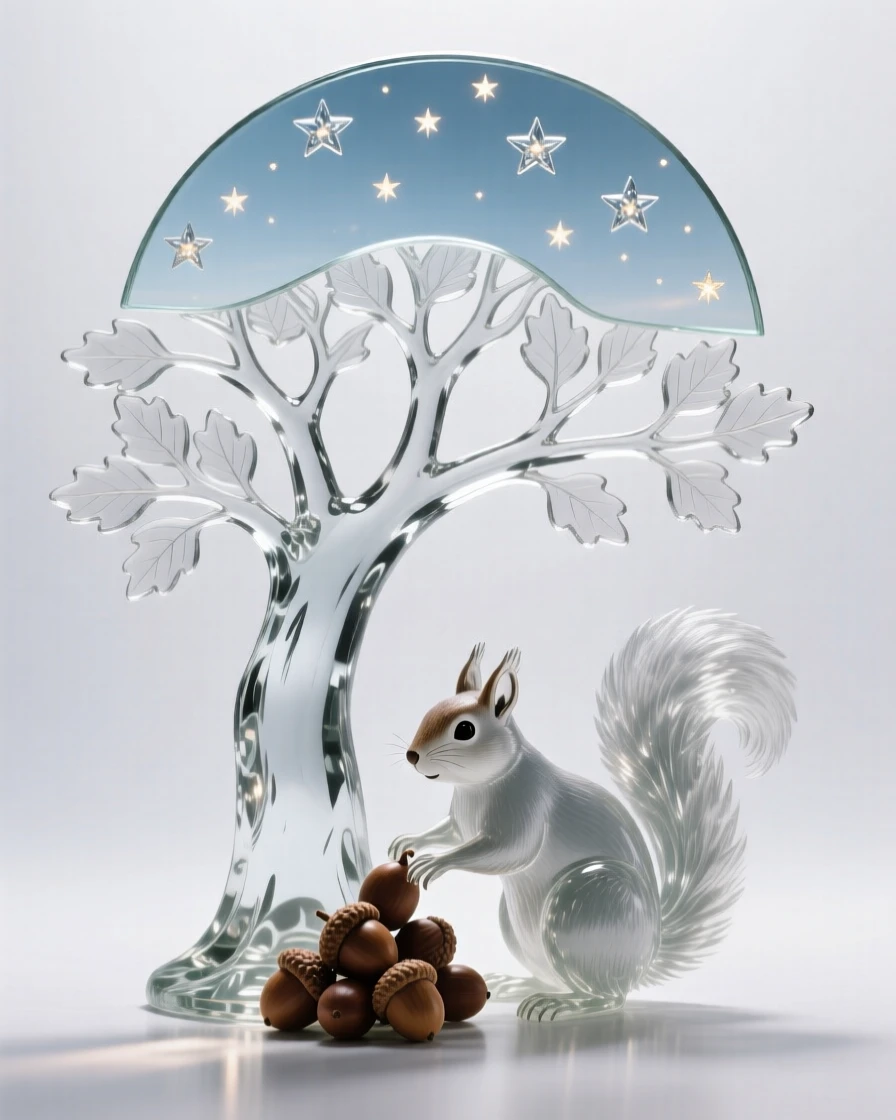 A squirrel gathering acorns beneath a towering oak, beneath a sky filled with early morning stars