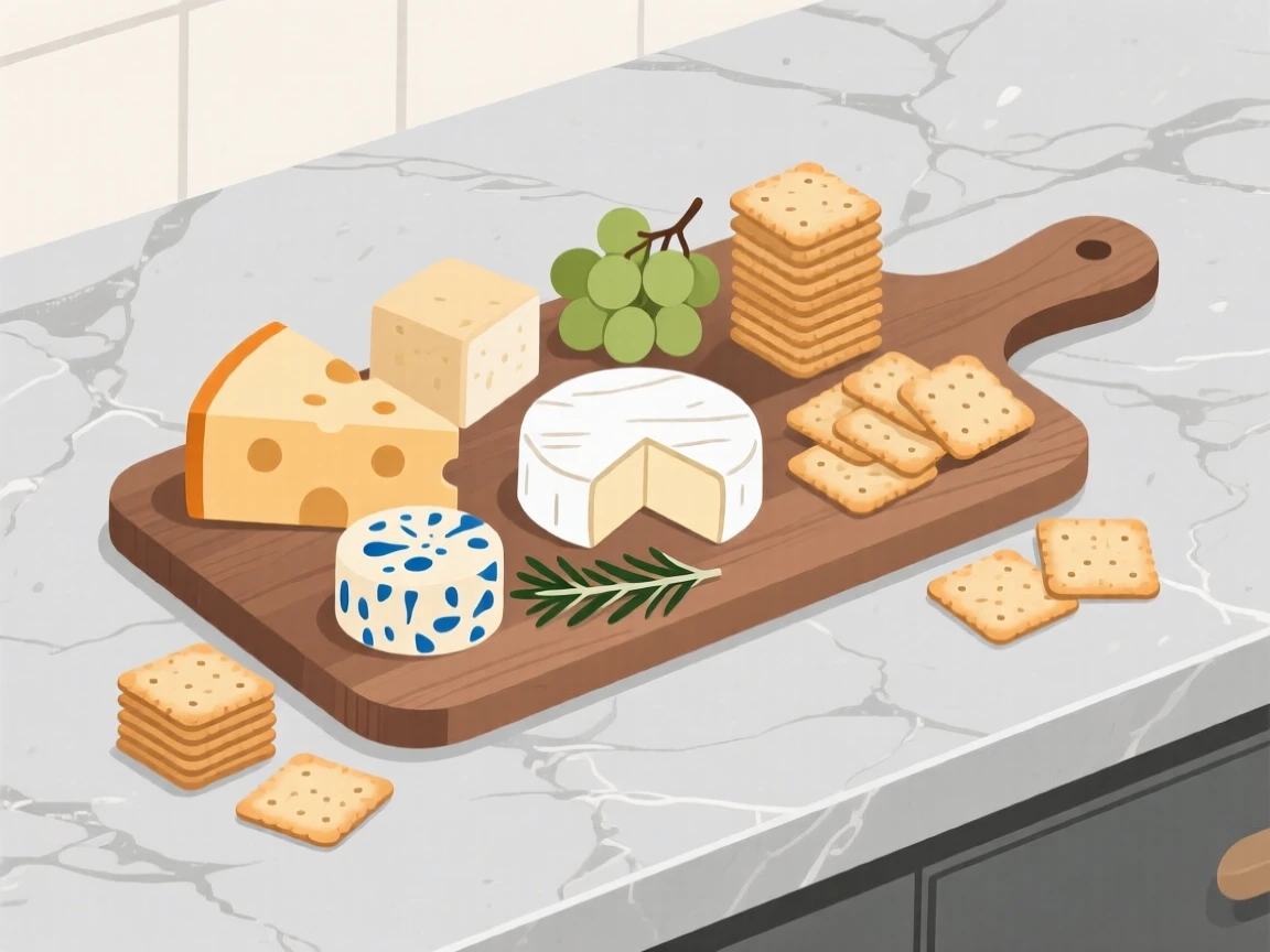 A spread of cheese and crackers beautifully displayed on a stone counter at a holiday feast.