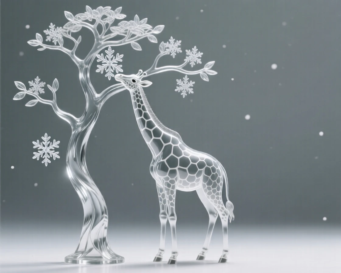 A giraffe reaching up to nibble leaves from a tall acacia tree beneath the outstretched branches of an ancient tree, while snowflakes settle quietly on their fur