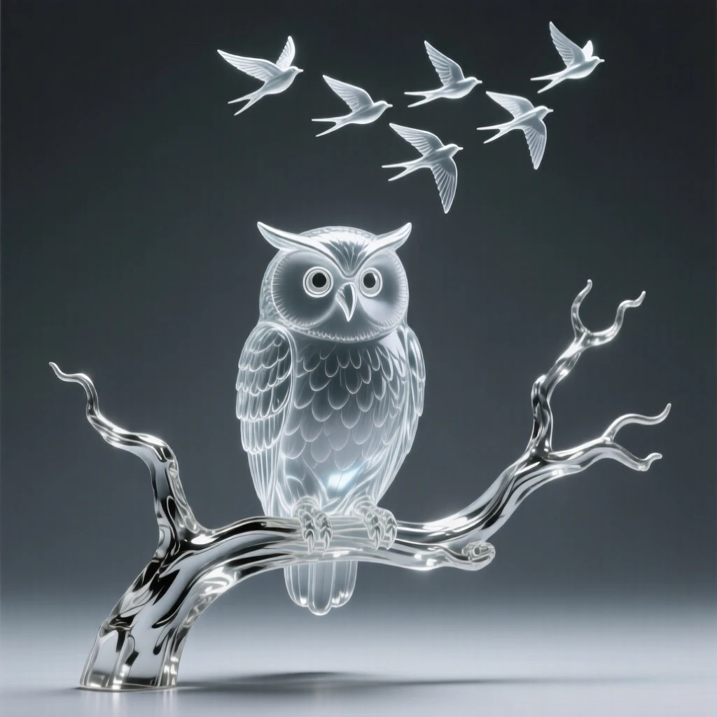 An owl perched silently on a gnarled branch under a full moon, while migratory birds pass overhead in formation