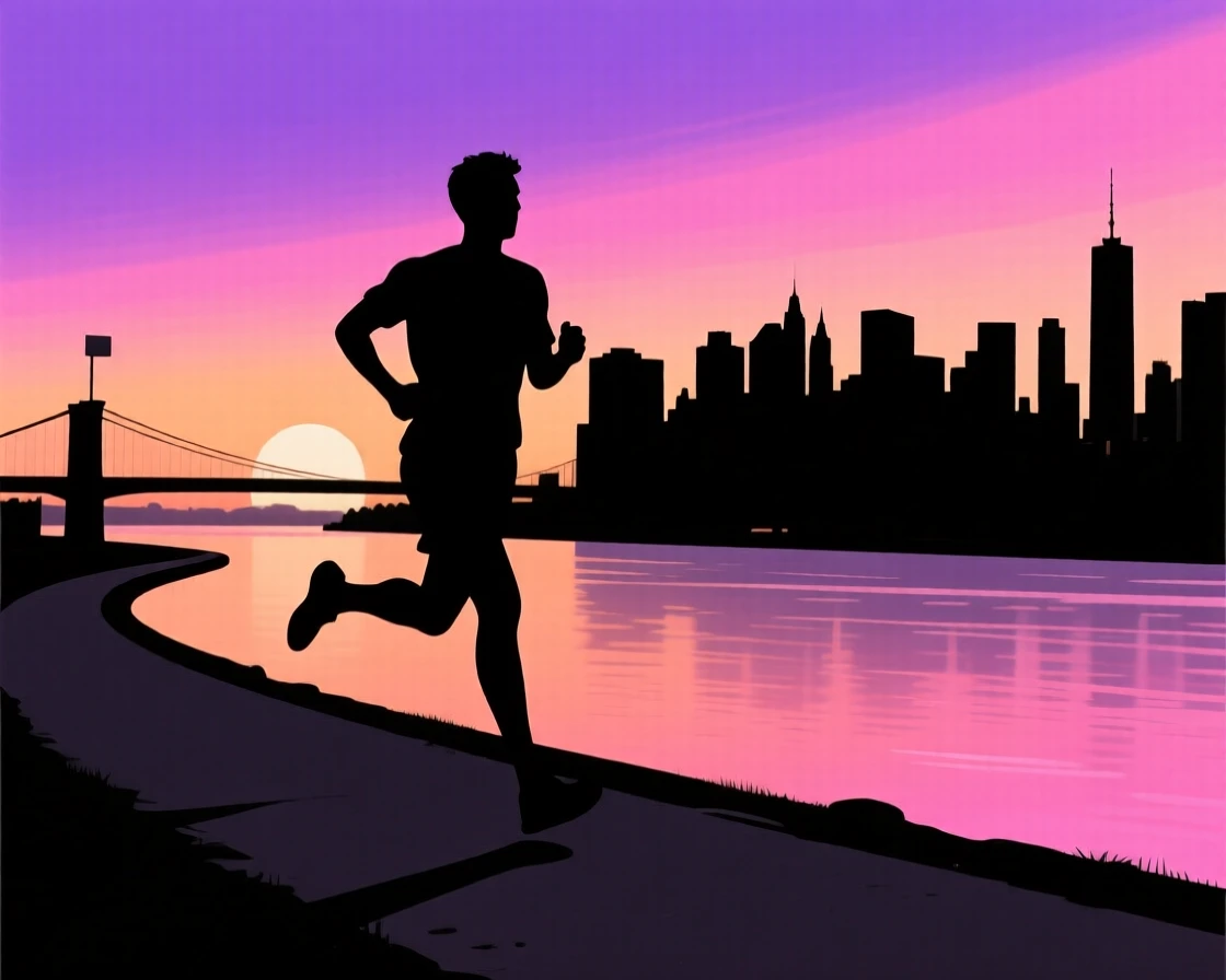A person jogging along a riverside path as the city wakes up behind them.