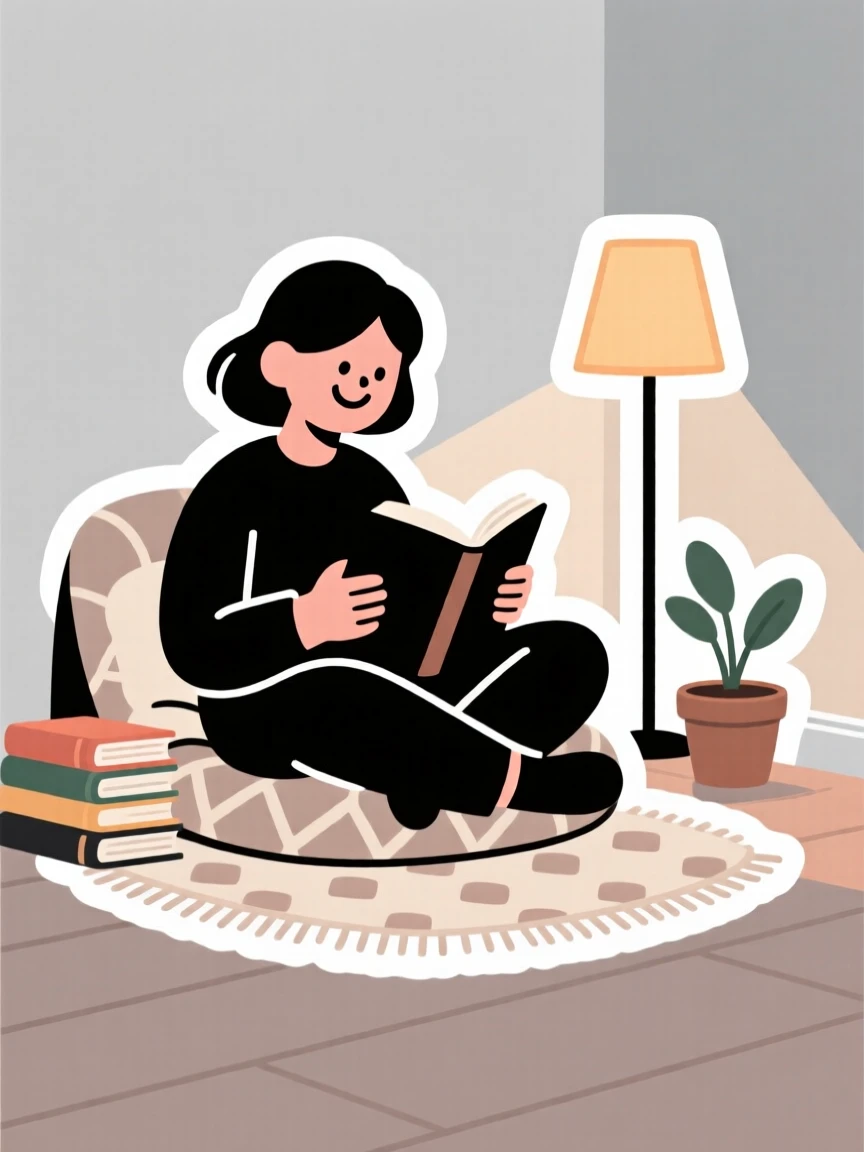A focused and joyful reader curled up with a thick novel, fully immersed in the creative process, in a peaceful home corner dedicated to their craft.