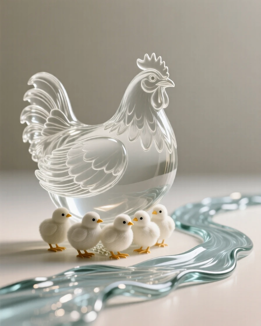 A mother hen sheltering her chicks beneath her wings, beside a sparkling stream winding through the valley