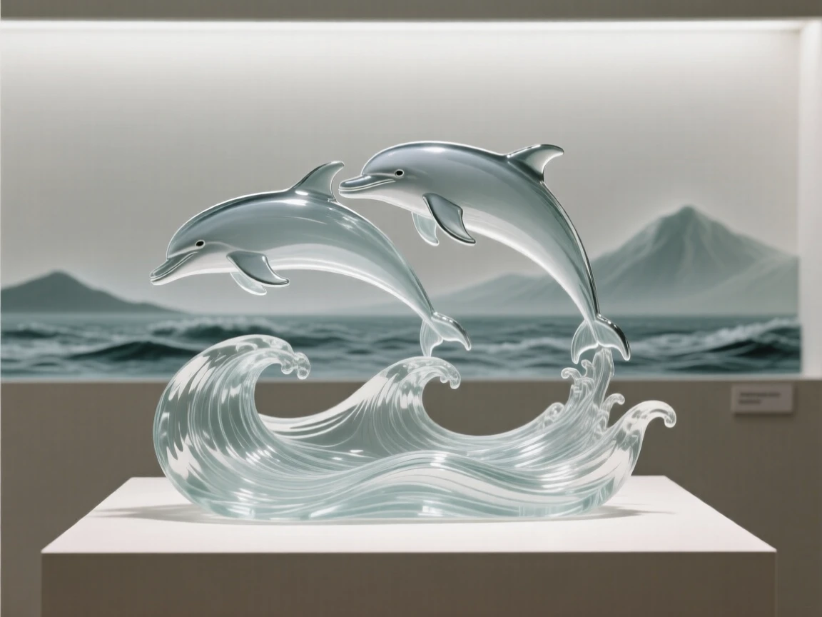 A pair of dolphins leaping side by side above the waves with distant mountains rising along the horizon