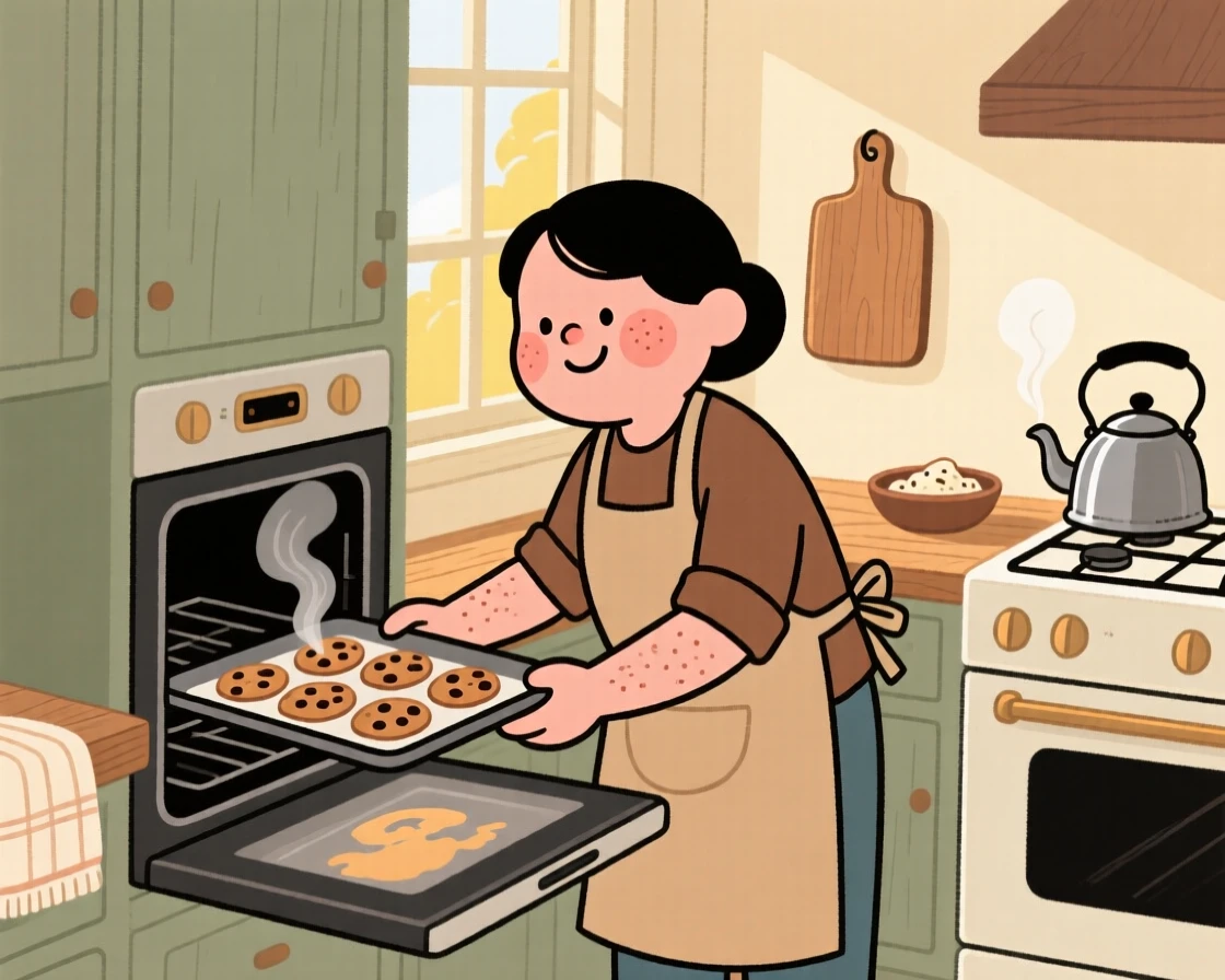 A home cook pulls a tray of chocolate chip cookies from the oven in a sunlit farmhouse kitchen, steam rising as a kettle whistles on the stove.