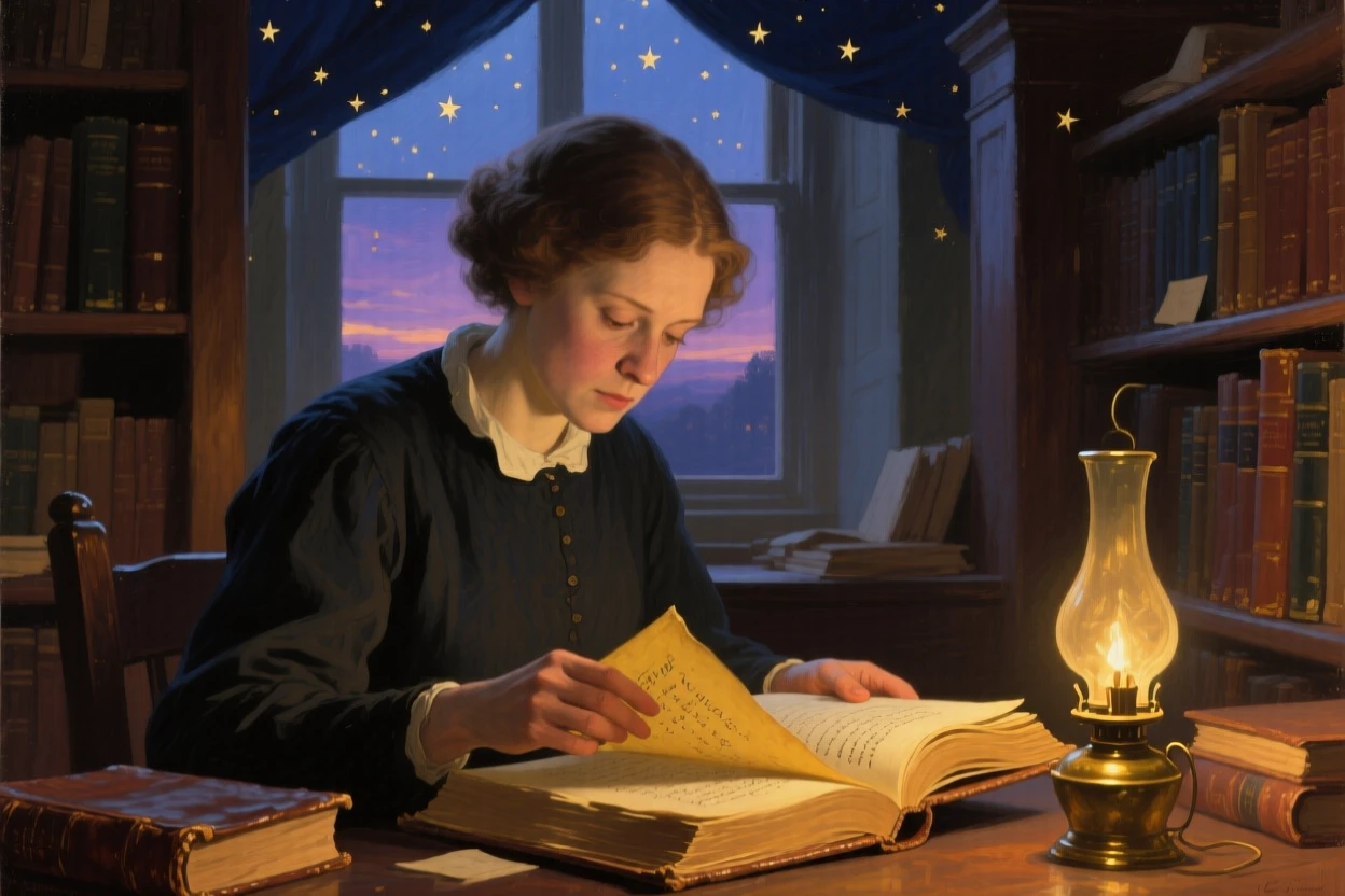 A close-up portrait of a librarian carefully turning the pages of an ancient book, at twilight, under a canopy of stars.