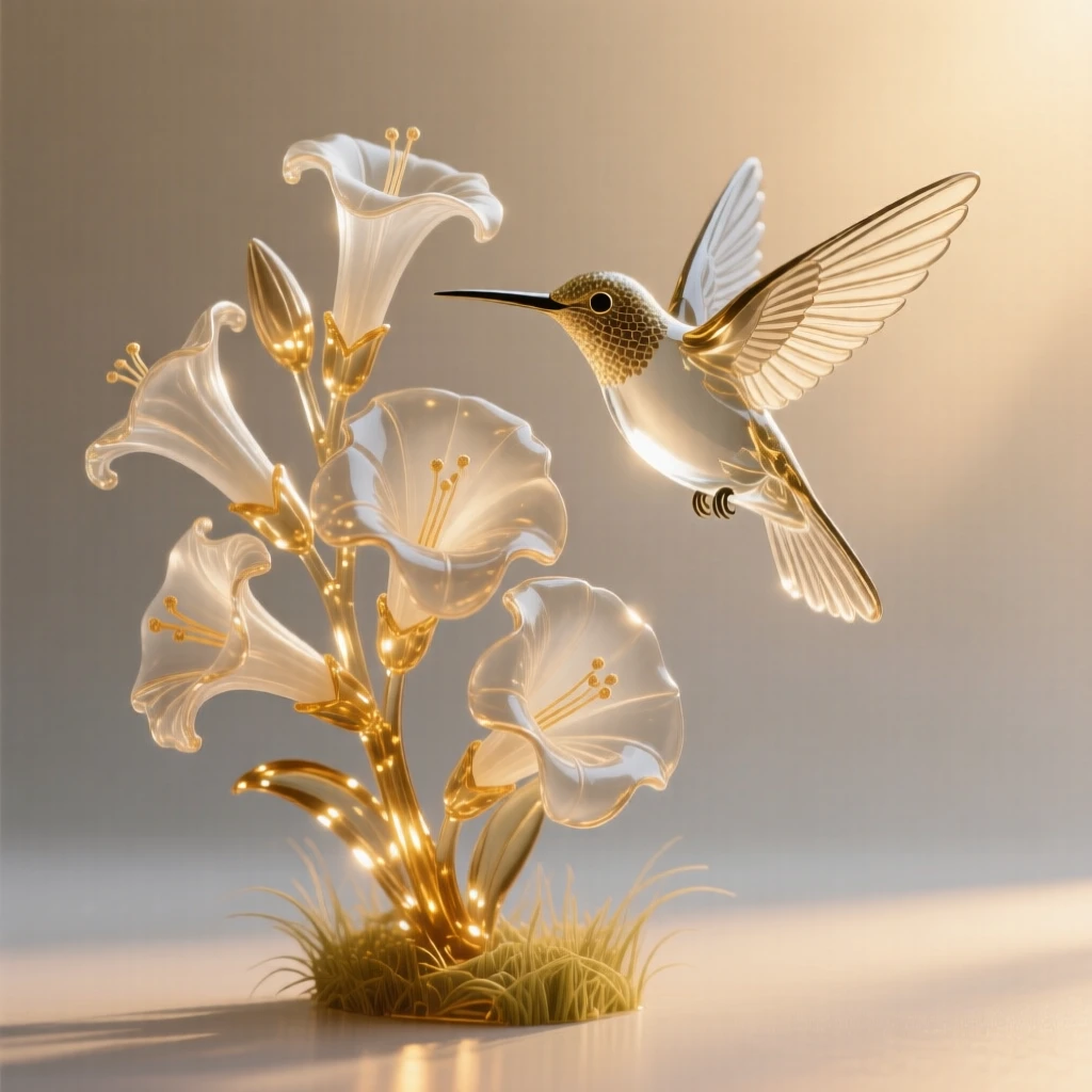 A hummingbird hovering beside a cluster of trumpet flowers as golden light breaks through the morning mist, while a soft wind stirs the surrounding grass