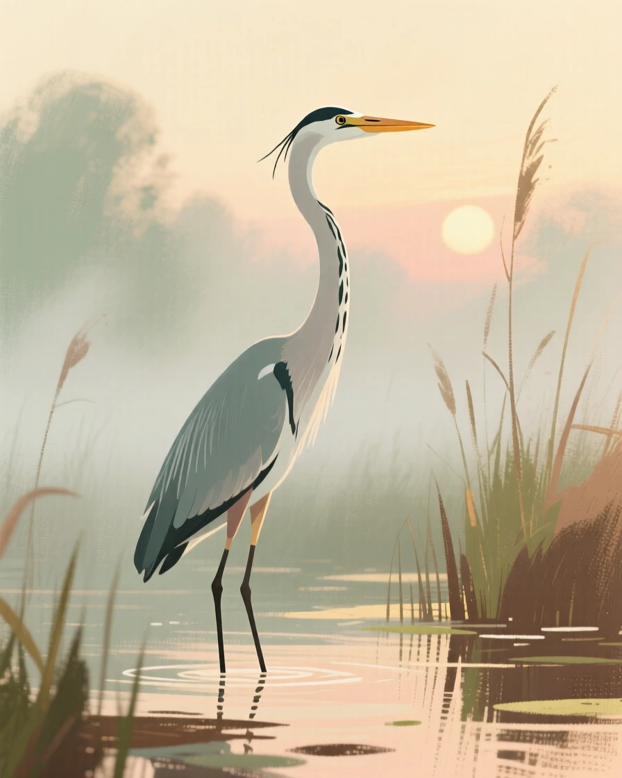 A heron standing motionless in a misty marsh at dawn