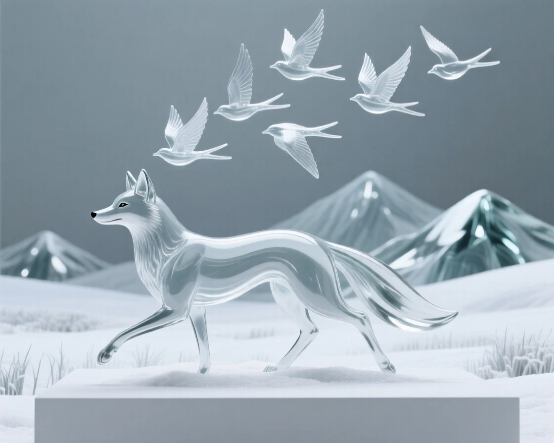 With distant mountains rising along the horizon, a fox trotting through a field blanketed in fresh snow, while a flock of birds rises suddenly into flight