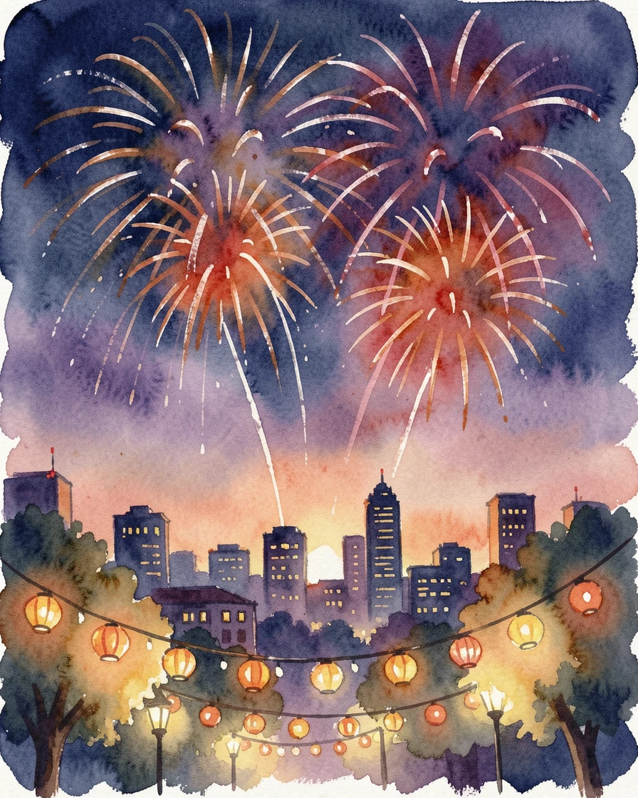 Fireworks bursting over a summer night skyline with festive decorations glowing softly.