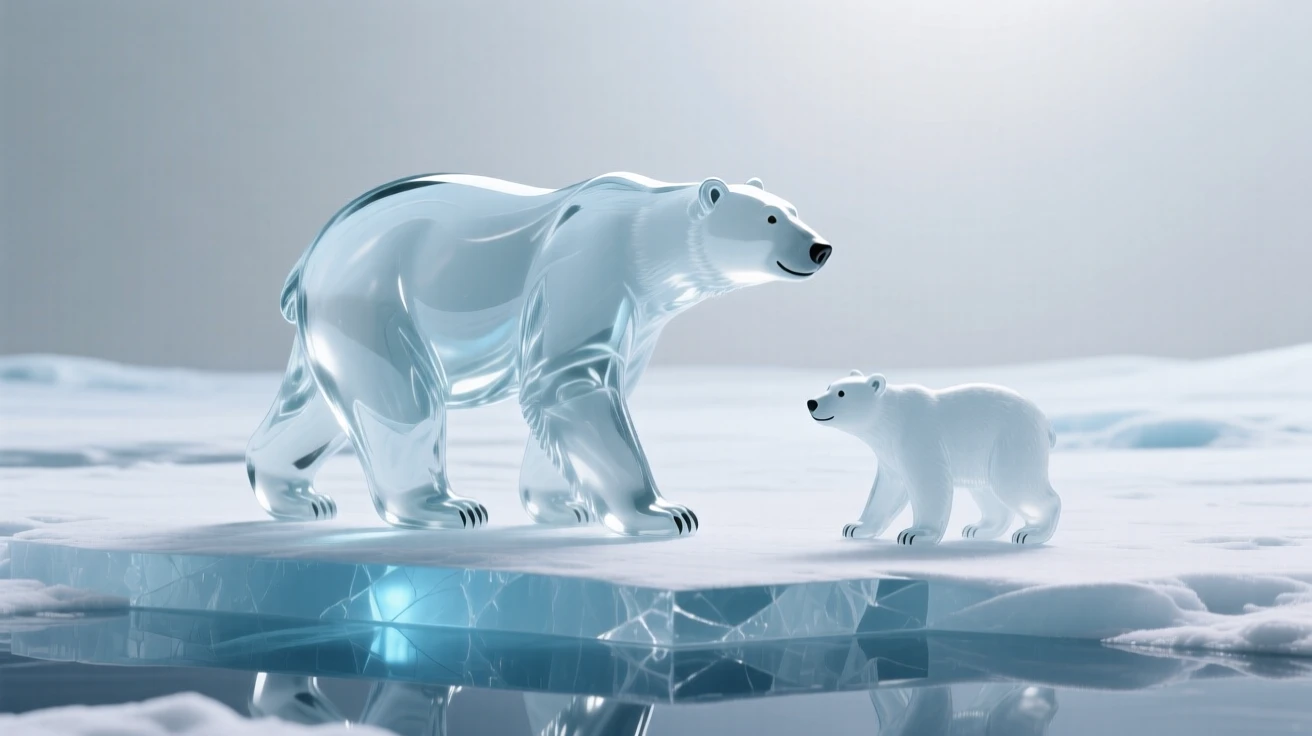 Beside the edge of a quiet, mirror-still lake, a polar bear and her cub walking across a vast ice field