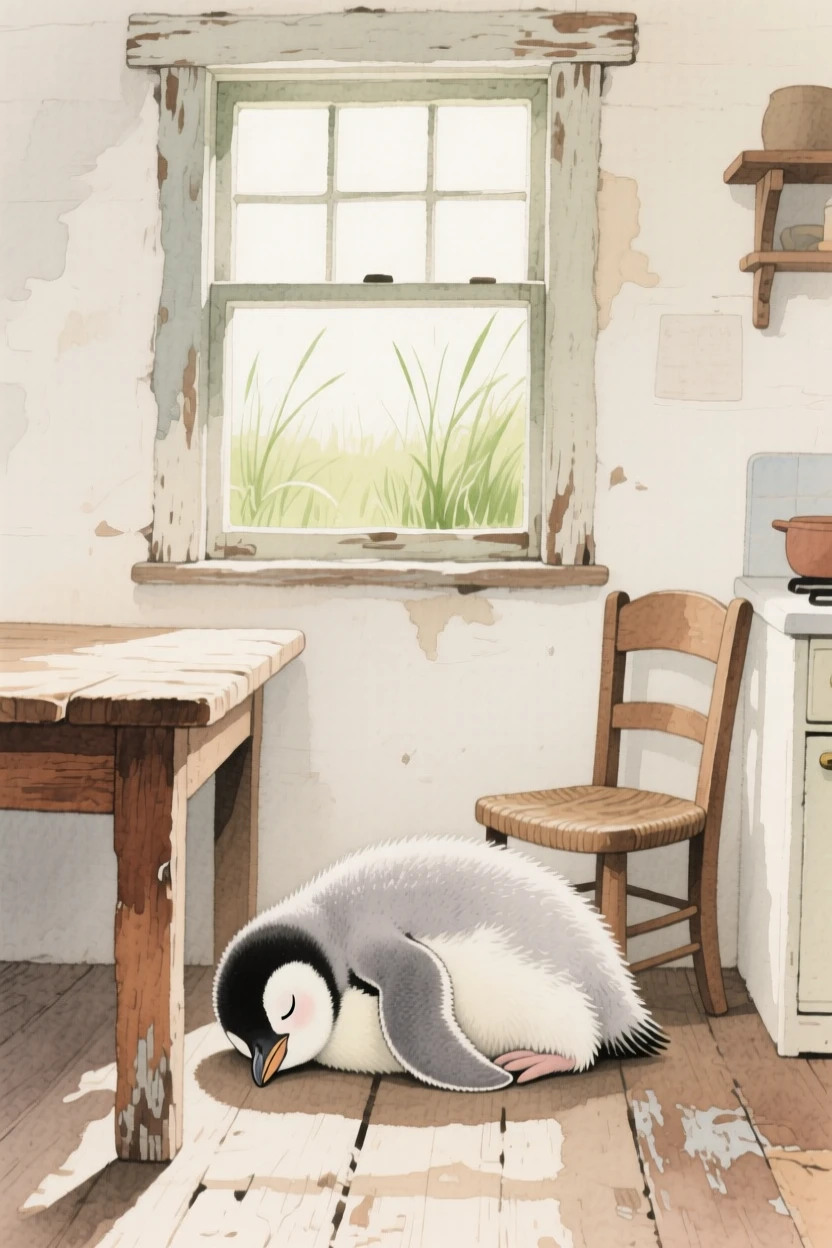 A baby penguin naps curled up in a rustic farmhouse kitchen, while a gentle breeze stirs the grass