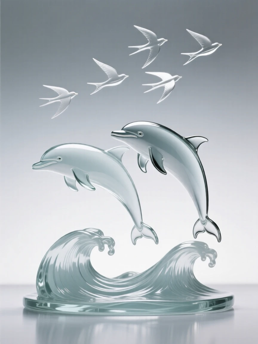 A pair of dolphins leaping side by side above the waves, while migratory birds pass overhead in formation