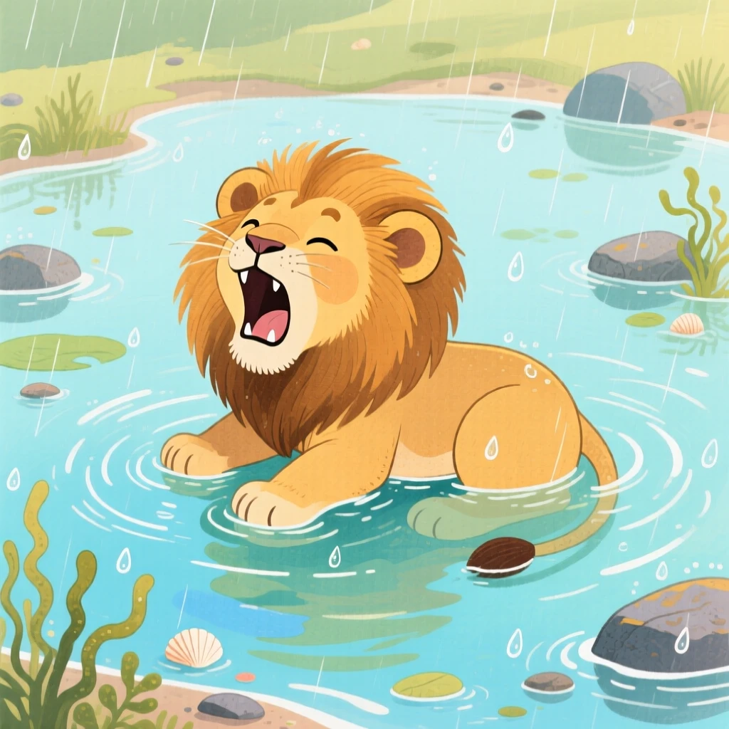 A lion cub practicing a roar resting peacefully in a shallow tide pool during a gentle rain.