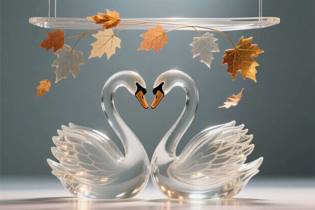 A pair of swans forming a heart shape with their necks, beneath a canopy of autumn leaves drifting to the ground