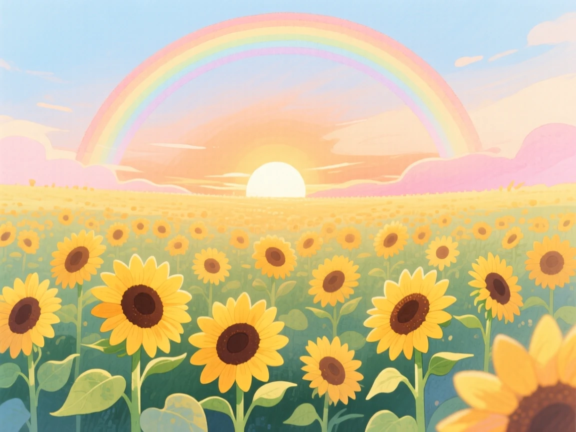 A field of sunflowers turning toward the setting sun, with a rainbow arching softly overhead, inspiring a sense of calm and wonder.