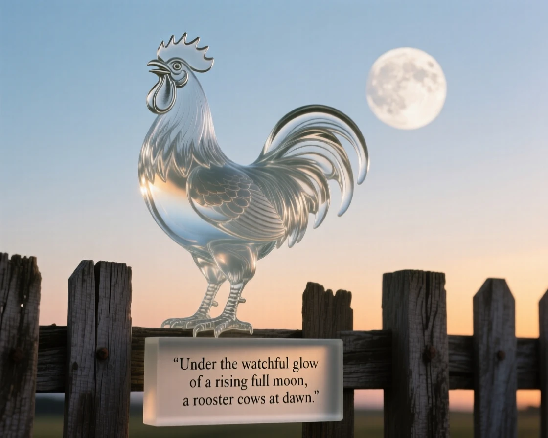 Under the watchful glow of a rising full moon, a rooster crowing atop a weathered fence at sunrise