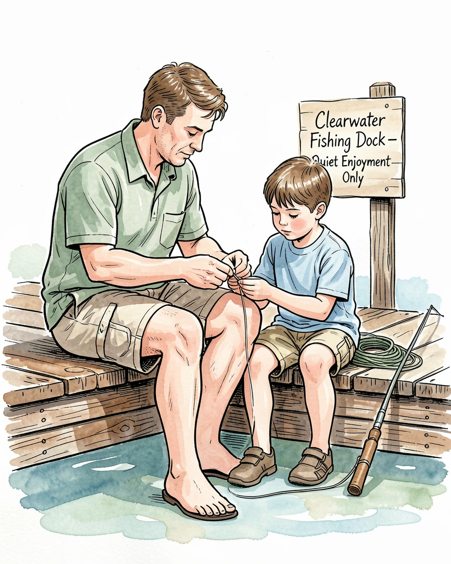 A father teaching his son to tie a fishing knot on a quiet dock, the everyday moment made memorable by its quiet sincerity.