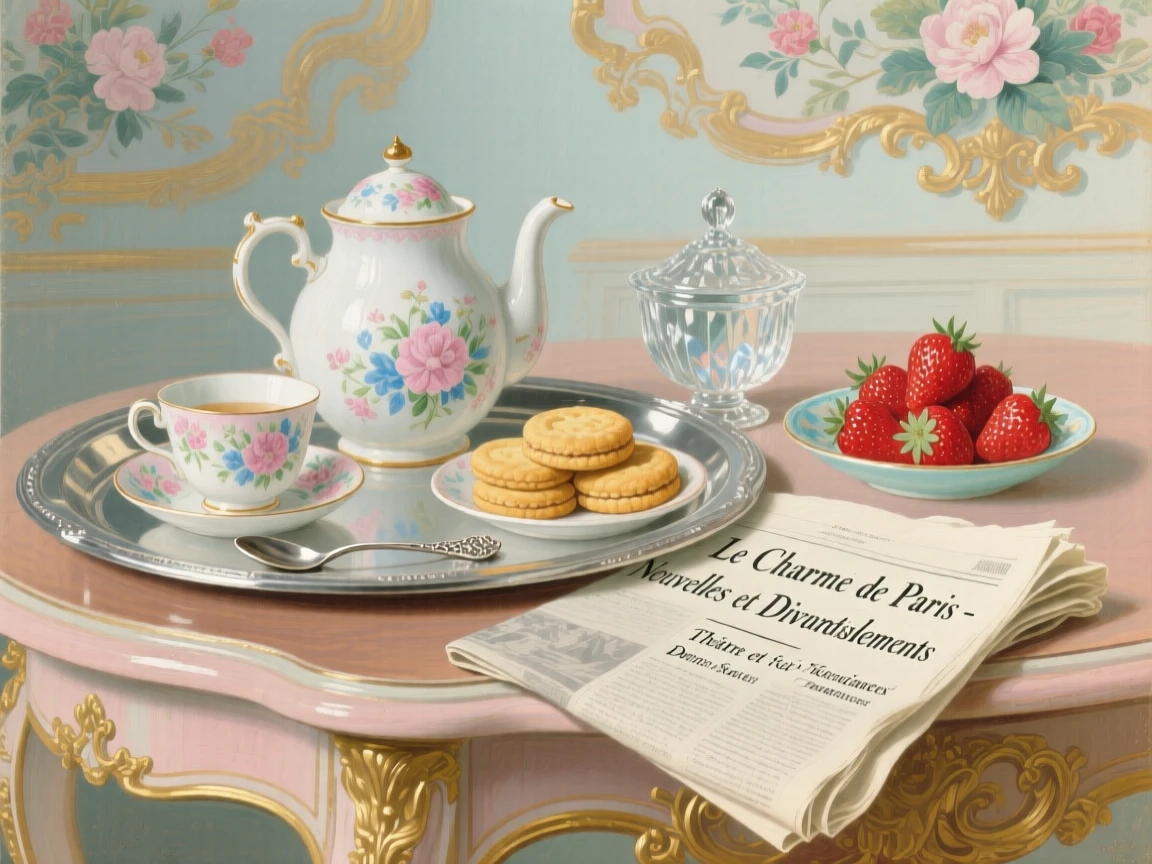 A silver tray with tea, biscuits, strawberries, and a folded newspaper  