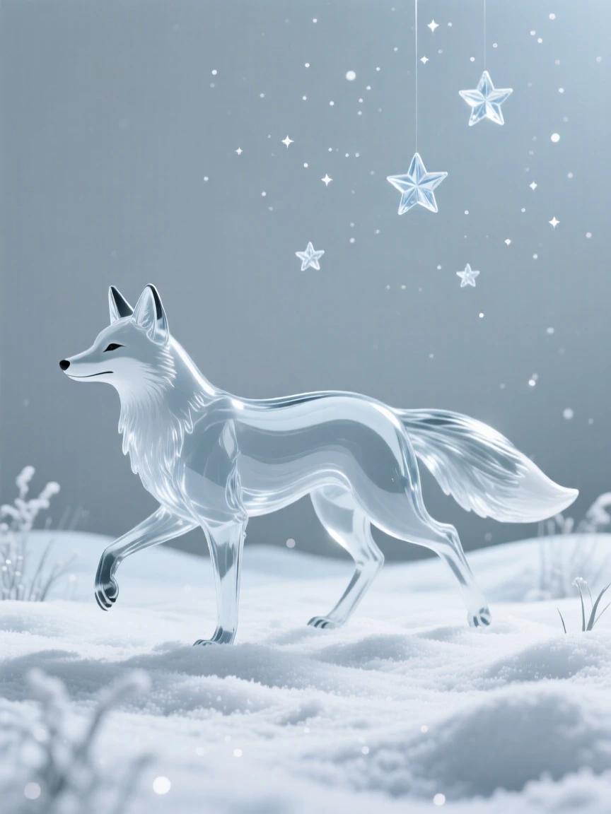 A fox trotting through a field blanketed in fresh snow beneath a sky filled with early morning stars, while the sound of distant thunder rolls across the valley