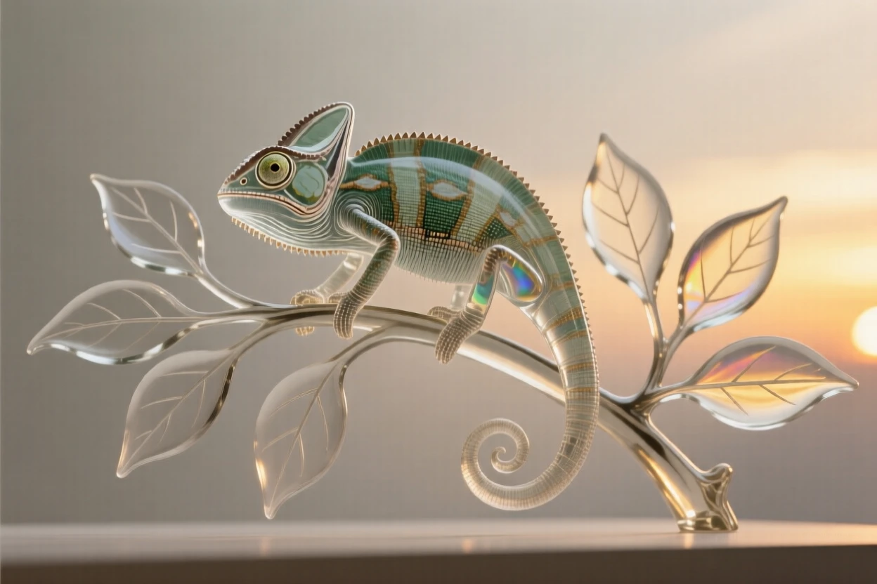 Beneath a sky streaked with the colors of sunset, a chameleon perched on a branch surrounded by leaves
