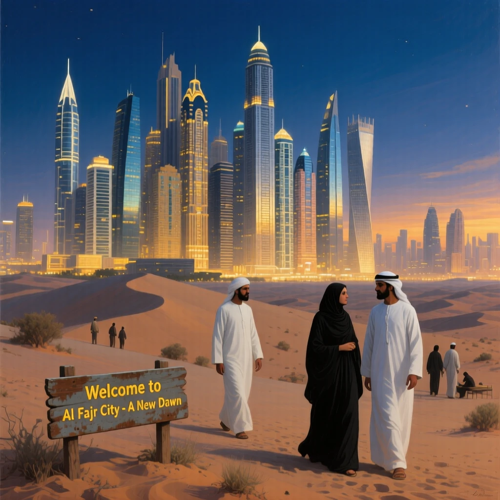 A futuristic Dubai skyline glittering above the desert at night, as soft golden hour light bathes every surface and structure, capturing the timeless beauty and character of a legendary destination