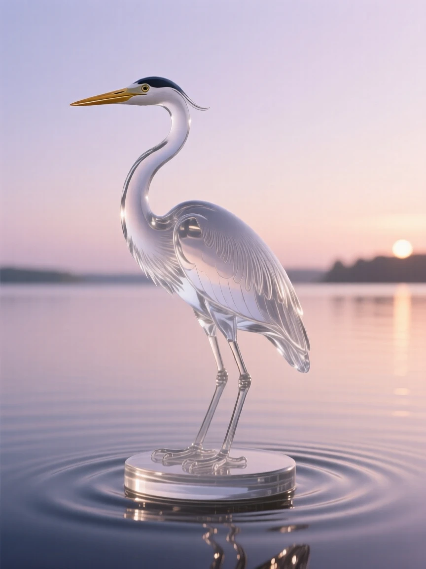 A heron standing motionless in a still lake at sunrise as the last light of day fades over the horizon