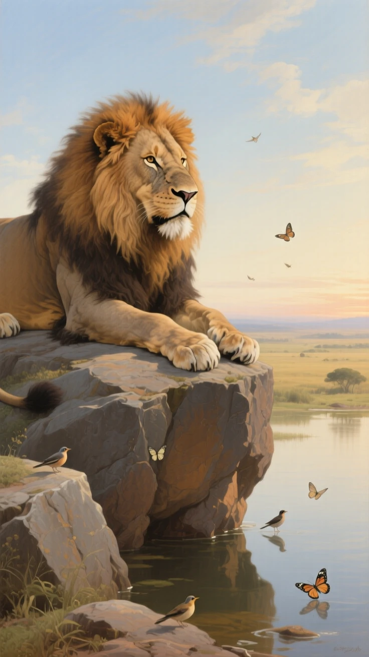 A proud lion resting atop a sunlit rocky outcrop overlooking the savanna at the peaceful, unguarded heart of the natural world, set beside a still lake reflecting a painterly sky, with small birds or butterflies adding quiet movement to the scene; the composition balances raw power with graceful, natural stillness, radiating peace, freedom, and untamed beauty.