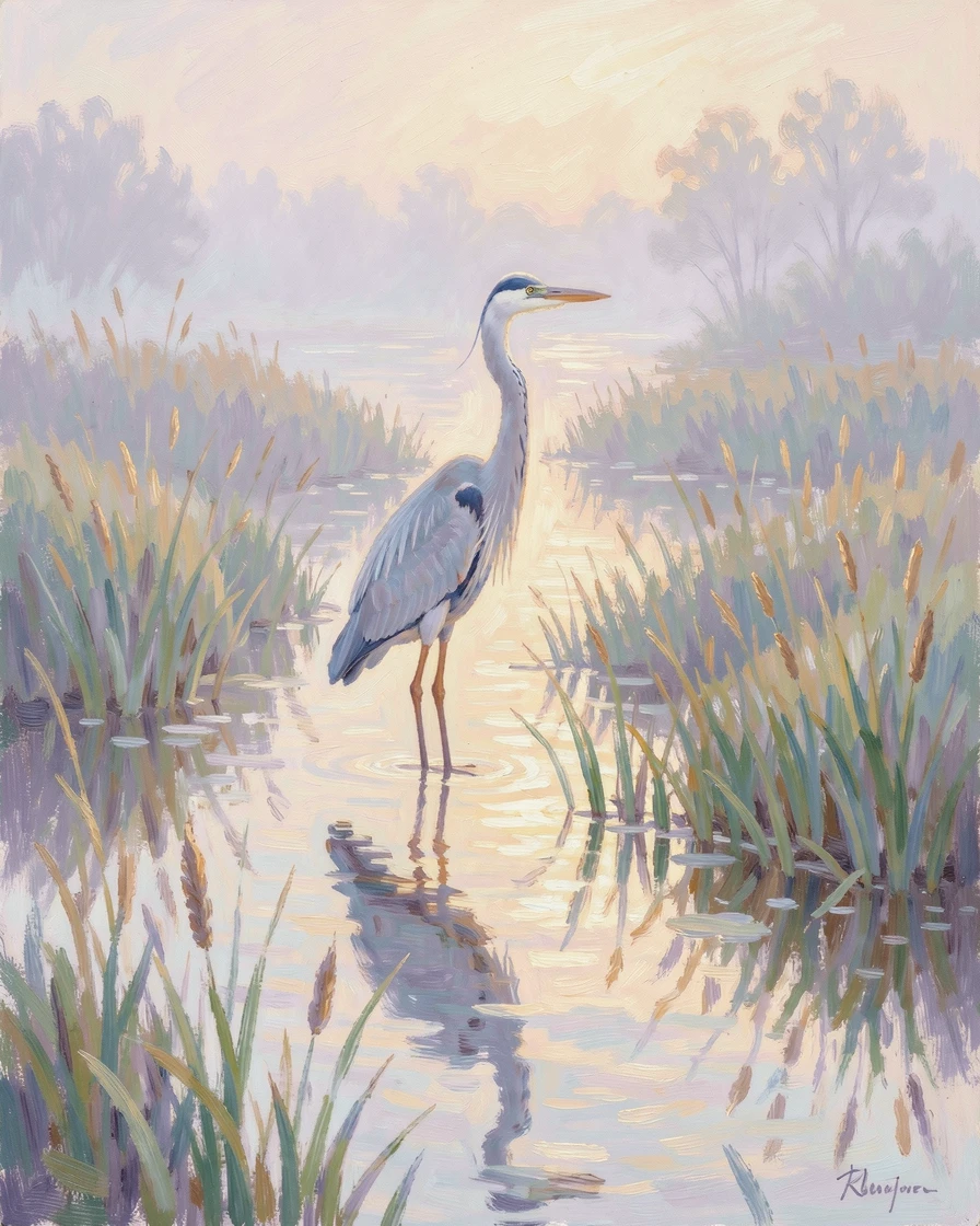 A great blue heron standing motionless in a misty marsh at dawn, reflection perfectly still in the water, in the gentle hush of early morning.