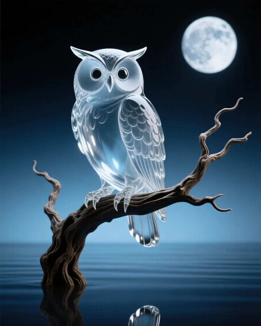 Beside the edge of a quiet, mirror-still lake, an owl perched silently on a gnarled branch under a full moon