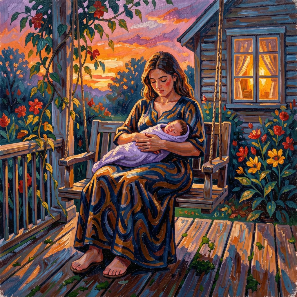 A mother gently rocking her sleeping infant on a porch swing at dusk.
