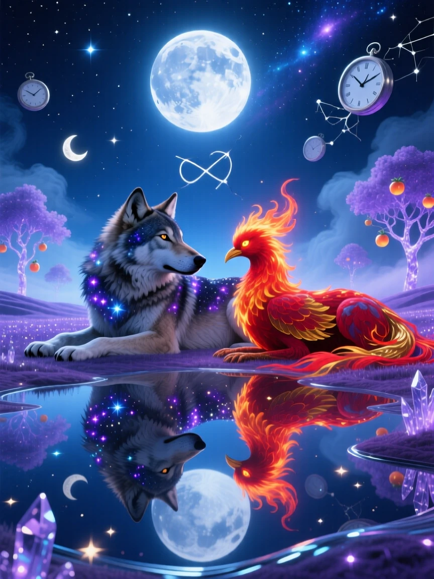 A wolf whose fur shimmers like a field of distant stars rests peacefully beneath the glow of a rising moon, as its reflection shows a slightly different creature entirely.