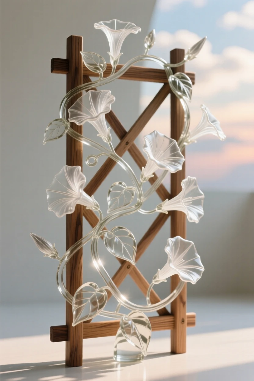 Beneath a sky painted in soft pastel colors, a vine of morning glories winding around a wooden trellis, while sunlight breaks briefly through passing clouds