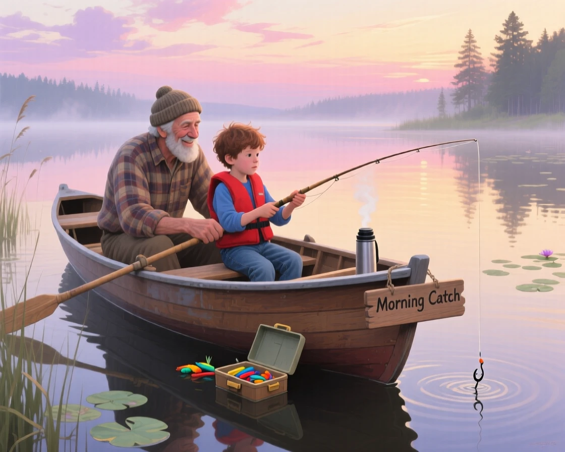 A grandfather teaches his grandson to fish from a rowboat on a calm lake at dawn, both focused intently on a tugging line, a quiet warmth radiating from the interaction, grounded in small authentic details.