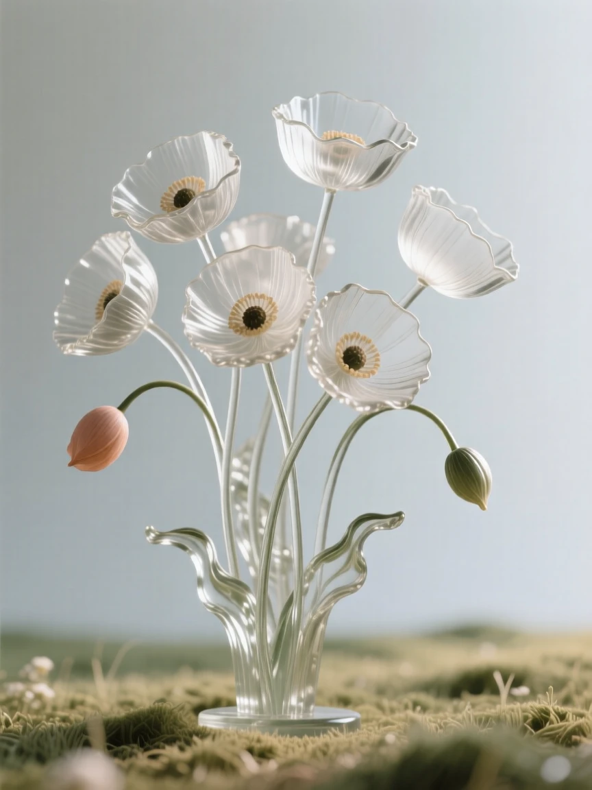 A cluster of poppies swaying together in an open field while a single petal drifts free on the breeze