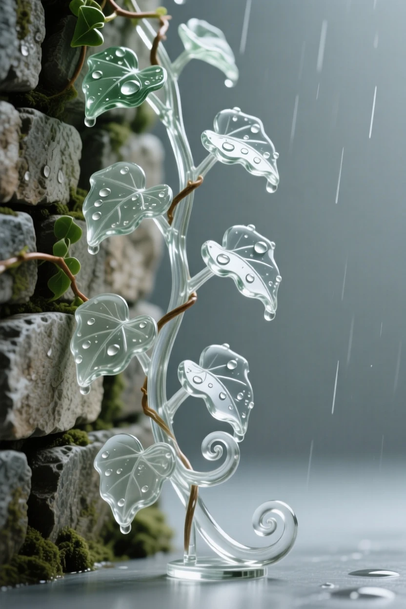 A vine of ivy climbing the side of an old stone wall as raindrops linger on curling leaves, while the fragrance of blossoms fills the still air