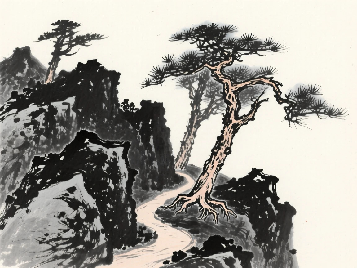 Rocks and pine trees cluster together on a rugged hillside, with a narrow trail winding past its roots.