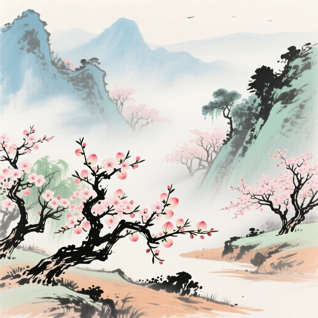 A hidden paradise valley of blossoming peach trees lost in the mist, in a warm breeze carrying the scent of blossoms.