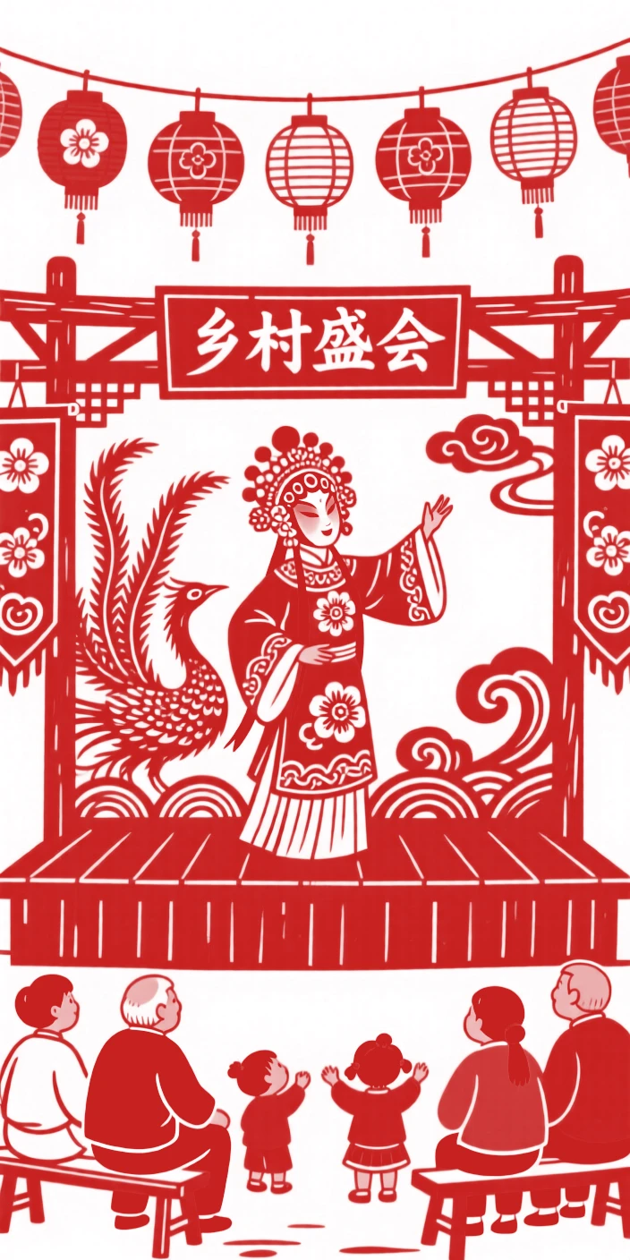 A Chinese opera performer in mid-gesture on an outdoor stage during a village festival, an audience of elders and children seated on benches beneath strings of lanterns