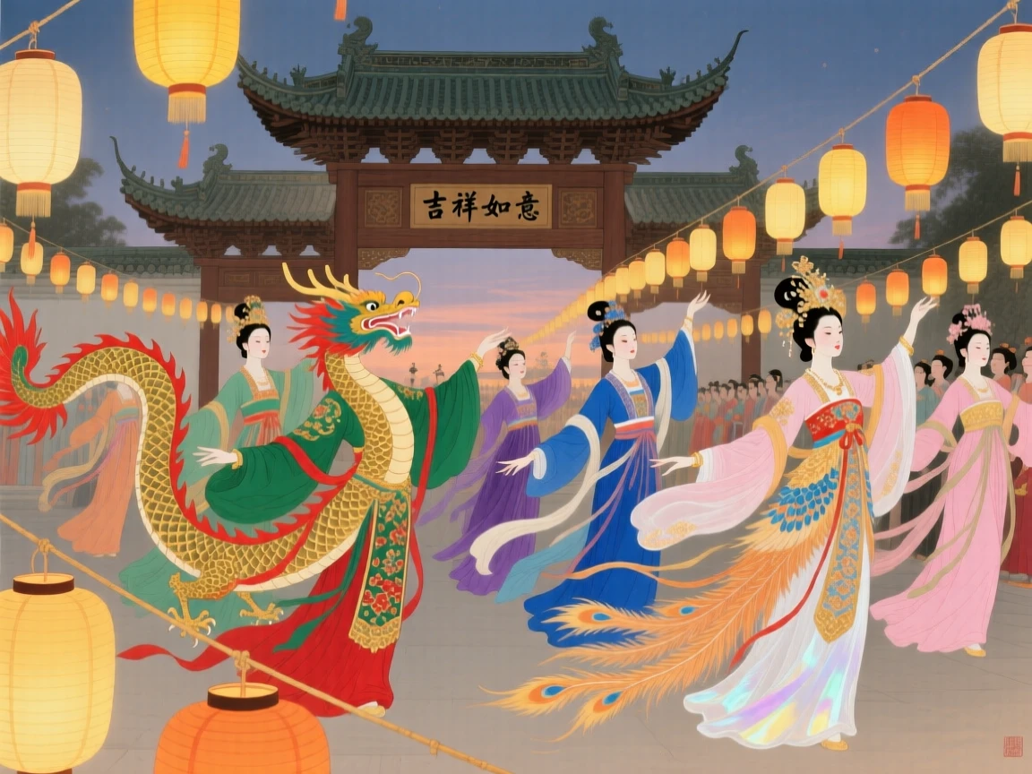 A parade of dancers wearing phoenix and dragon costumes, lit by hundreds of small hanging lanterns