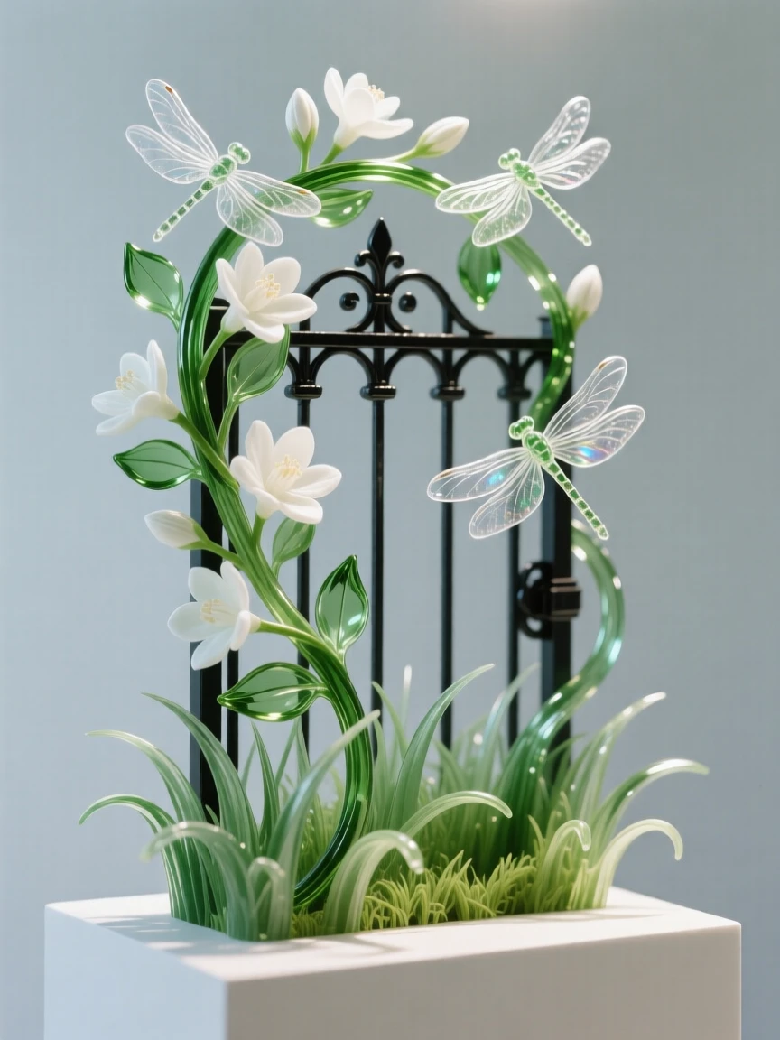 A jasmine vine wrapped delicately around a garden gate while dragonflies hover just above the surrounding grass