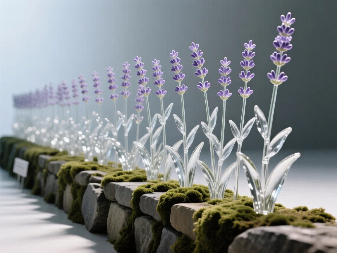 A row of lavender stretching toward the horizon beside a low stone wall covered in moss
