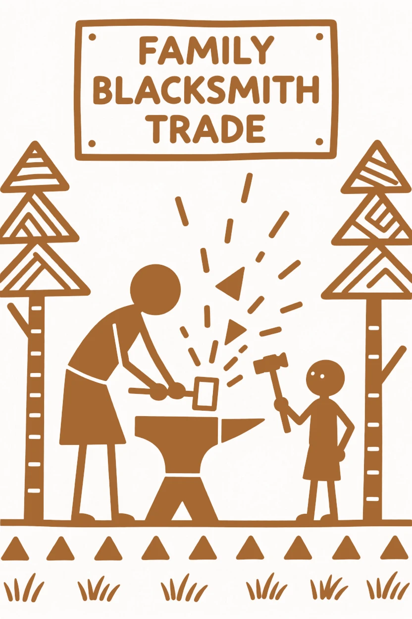 A blacksmith teaching a young apprentice the family trade.
