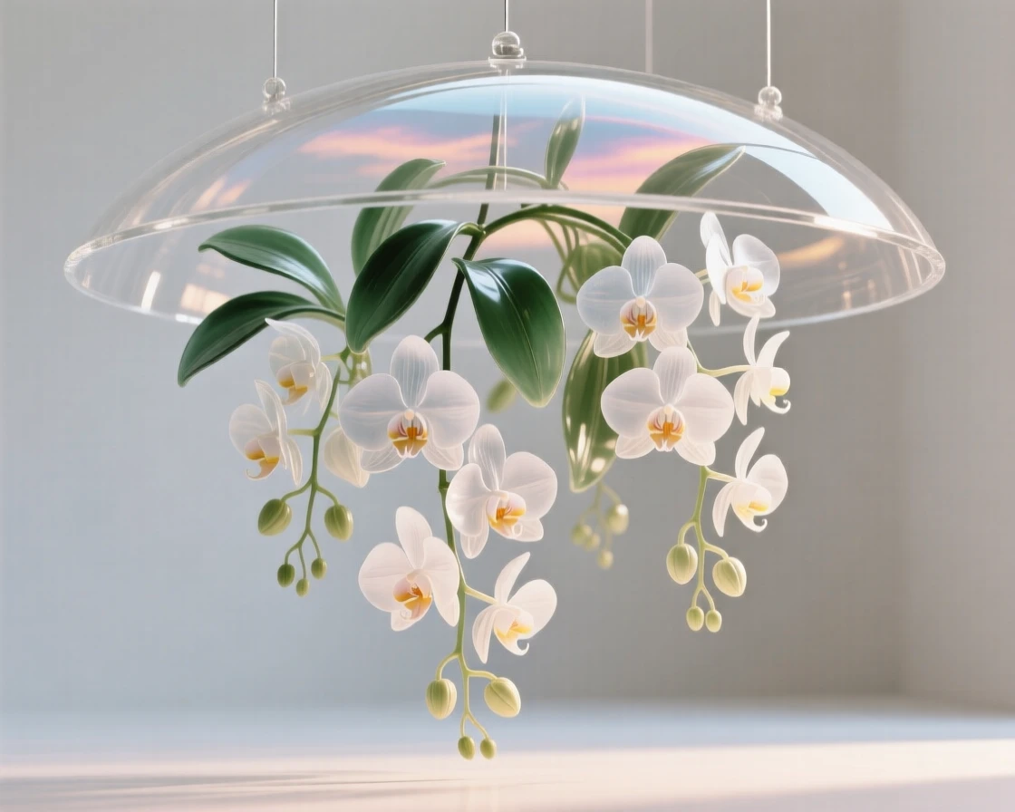 A hanging garden of orchids suspended from a canopy beneath a sky painted in soft pastel colors