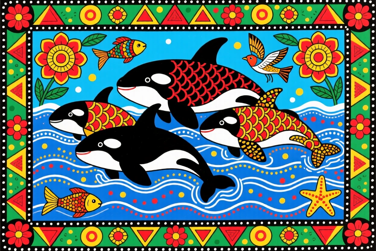 A pod of orcas swimming through cold northern ocean waters.